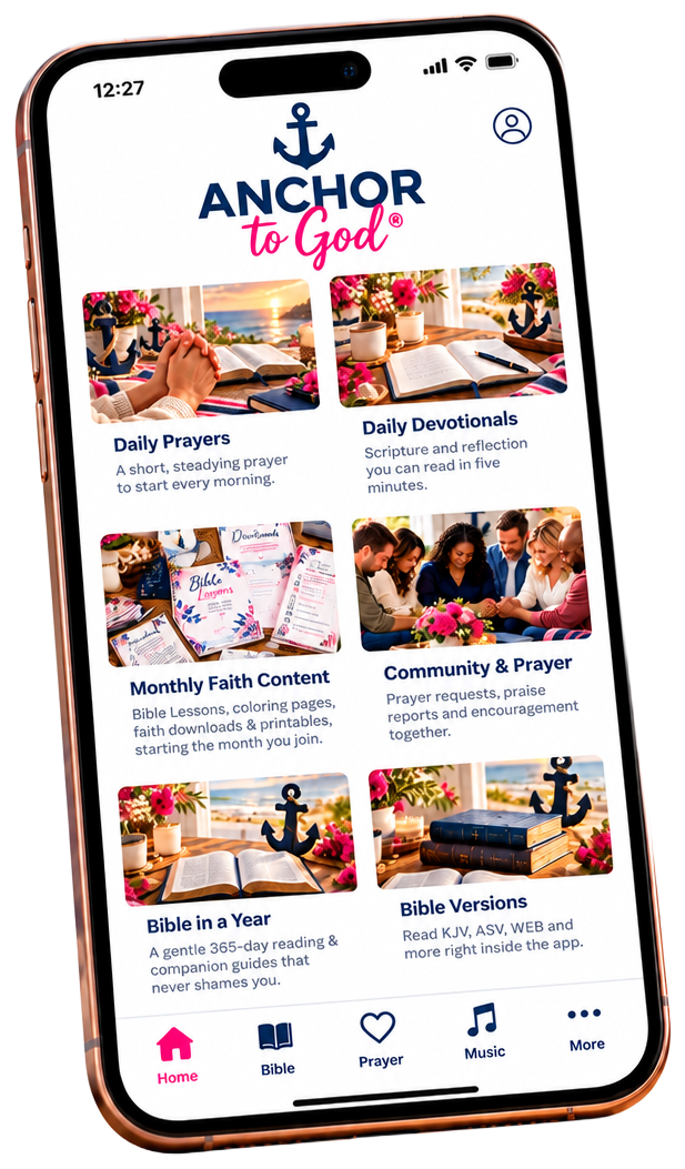 Anchor To God free faith app on a smartphone, showing daily prayers, devotionals, Bible reading and prayer
